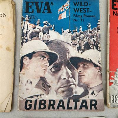 evas lille film roman, forside på hæftet Gibraltar. I forgrunden er tre ansigter af mænd.