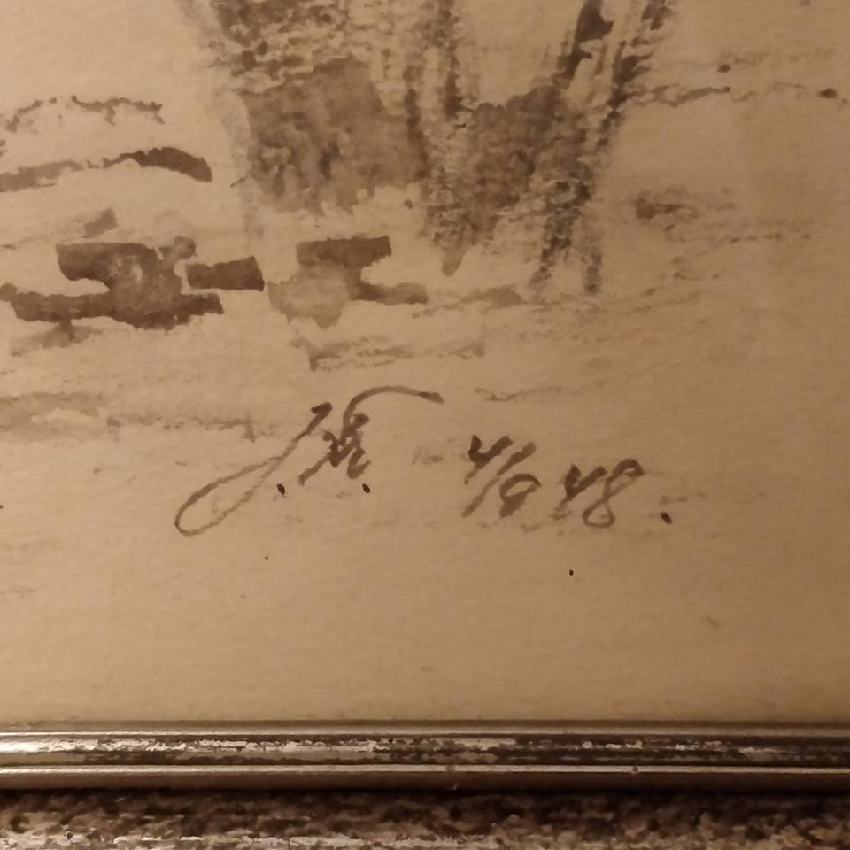 Sort, hvid akvarel, træer, af Johannes Frederiksen, i sølvramme.