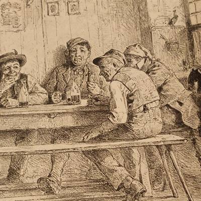 gammelt tryk mænd drikker langbord