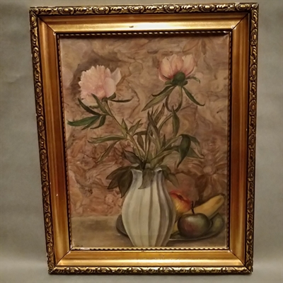 lyserøde pæoner hvid vase frugt i fad maleri G.A. gammelt maleri art kunst oliemaleri