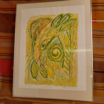 F. Stensballe litografi gult grønt solstrejf TIMI 1998 original kunst signeret