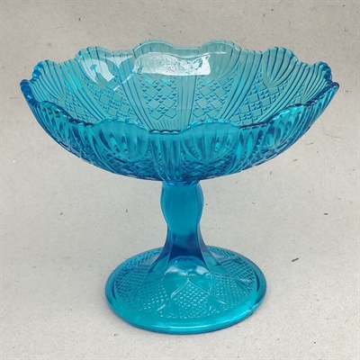 turkis glas opsats på fod presset gammel glas candyholder