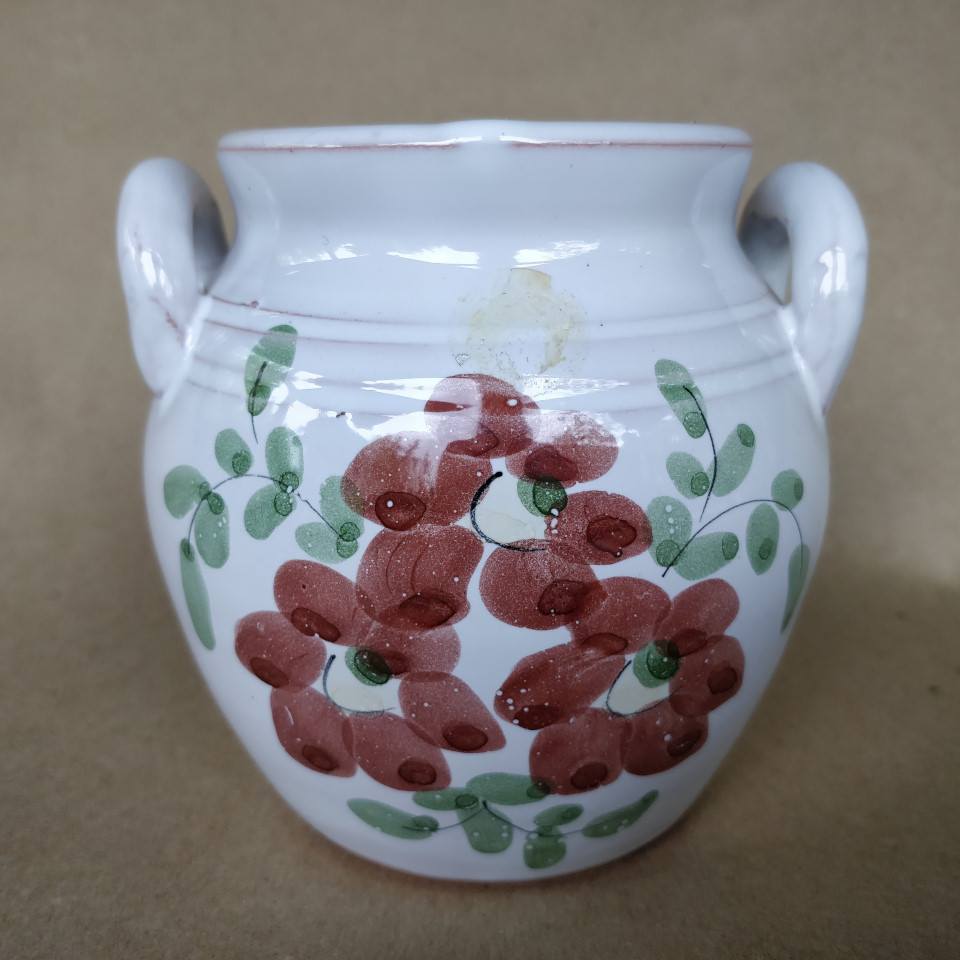 Enig med ris afrikansk Hvid krukke, brune blomster brugt, fra Laholm keramik.