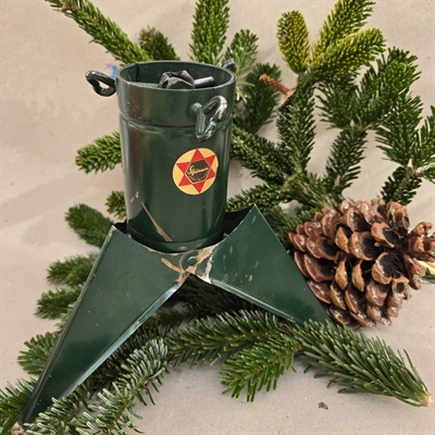 sammenklappelig-mørkegrøn-metal-3-benet-juletræsfod, svensk-stjärnan-gammel-fod