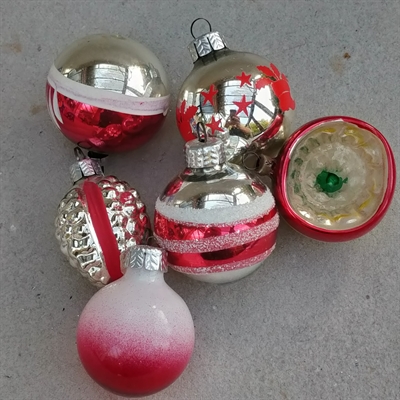 Specielle gamle rød hvide sølv julekugler spejlglasjulekugle stribet bemalet gammelt julepynt