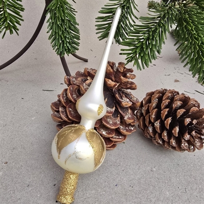 mat-hvid-guld-glimmer-dekoration-glas-topspir-gammel-glasjulepynt