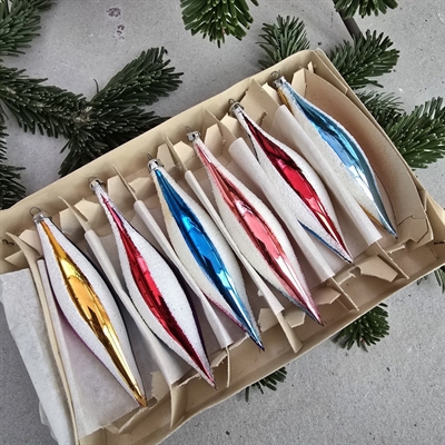 stribede-dråbeformede-glas-julekugler-multifarvede-hvide-sne-striber-gammel-julepynt-original-aeske