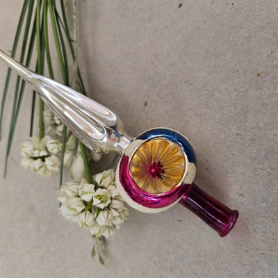 topspir-guld-pink-blåt-hvid-sne-glas-juletræspynt-gammel-svensk