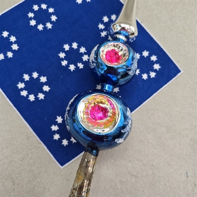 blåt-pink-sølv-glas-topspir-gammelt-glasjulepynt-juletræspynt