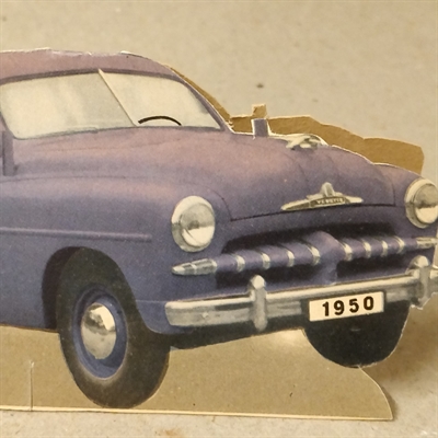 blå ford vedette 1950 pap model bil gammelt legetøj genbrug