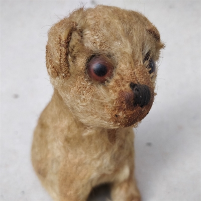 siddende-hund-brunlig-plyshund-mollydog-Steiff-gammelt-legetøj