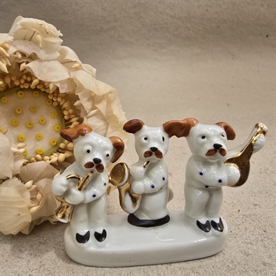 trompet-sax-banjo-spillende-hunde-porcelæn-hvide-brunt-gammel-figurgruppe