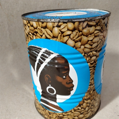 Cirkel-kaffedåse-negerhoved-aldrig-åbnet-rung-brun-blå-metaldåse