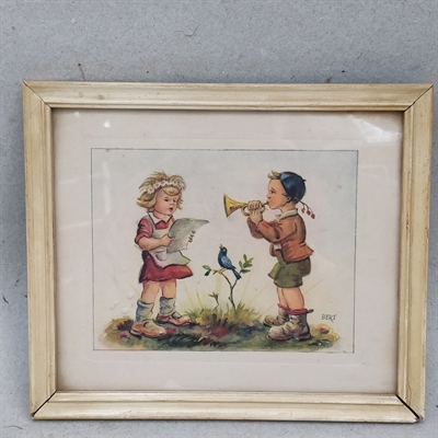 Hvid-fotoramme-børnemotiv-trompet-dreng-pige-rød-kjole-synger-vintage-billede