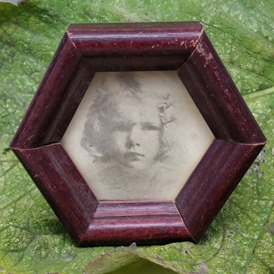 mørk-sekskantet-træ-fotoramme-foto-pigehoved-gammel-billedramme