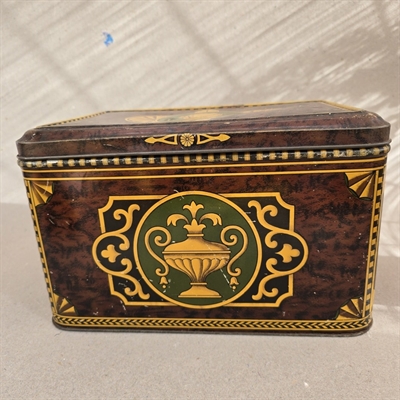 rektangulær-brun-grøn-guld-klassisk-dekoreret-metaldåse-gammel-blikæske-genbrug