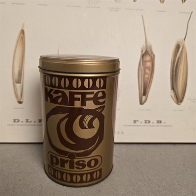 rund-gylden-brun-rød-metaldåse-Priso-kaffedåse-retro
