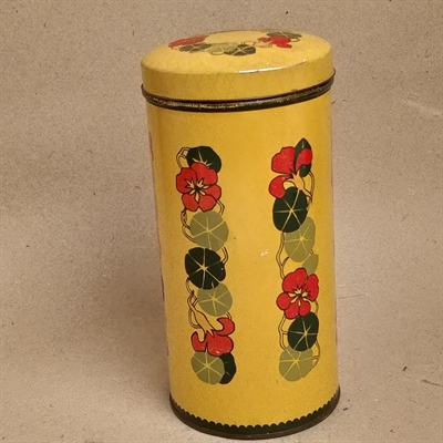 gul-rund-metaldåse-tallerksmækker-blomster-dekoration-gammel-kaffedåse