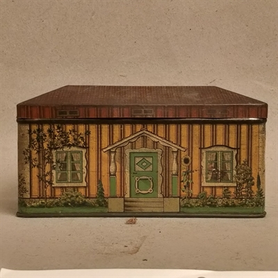 hus-dåse-brunstribet-trædekoration-rødt-tag-gevalia-kaffedåse-Gefle-gammel-metaldåse