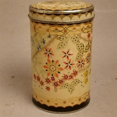 rund-metaldåse-lysegul-orangegule-blomsterdekoration-kaffedåse-retro-dåse