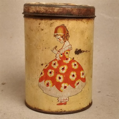 rund-lysegul-metaldåse-pige-blomsterkjole-kaffedåse-gammel-genbrug