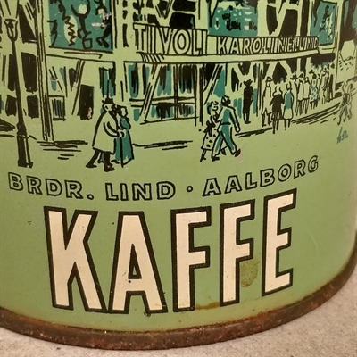 lysegrøn-sort-tekst-billede-metal-kaffedåse-gammel-Brdr.Lind-Aalborg