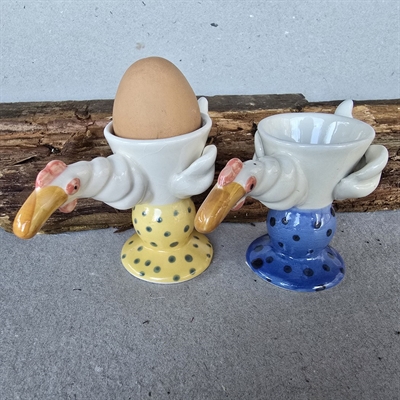 æggebægre keramik fugle hvid, blå, gul med prikker brune næb keramik vintage æggeholdere