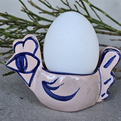 keramik høne med æggeholder på ryggen rosa blå glasur retro æggebæger