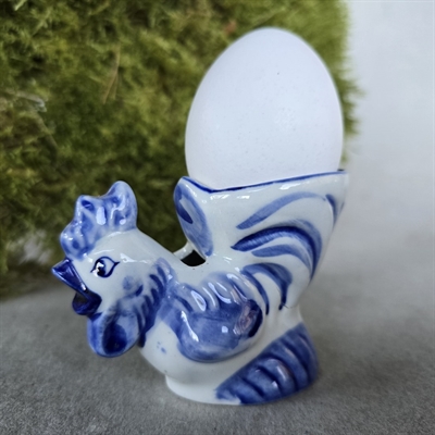 æggebæger høne keramik blå og hvid dekoreret vintage æggeholder