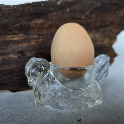 æggebæger klart glas høne med æggeholder på ryggen gammelt