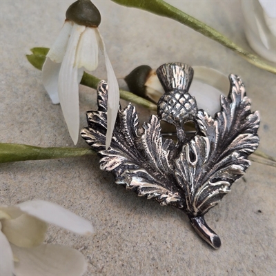 tidselblade-blomst-sølvfarvet-metal-skotsk-broche-vintage-smykke