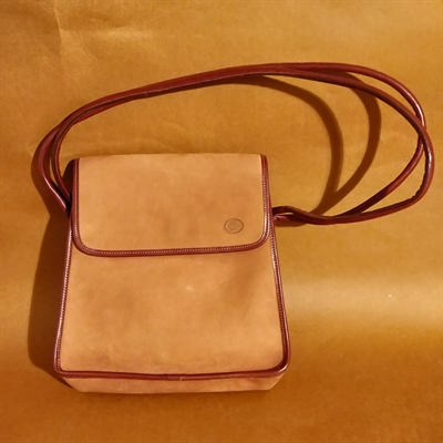 gylden ruskinds taske kantet med brunt skind Chesneau Irlandvintage skuldertaske gammel taske 