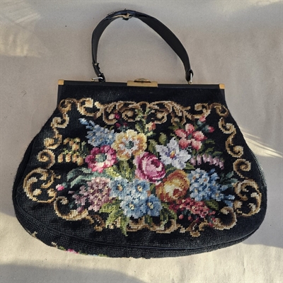 farverige blomster på sort bund broderet taske stor vintage taske