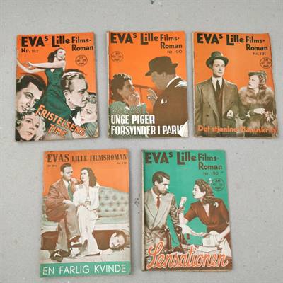 Forsiden på 5. stk. Evas lille filmsromaner. Farven på forsiden er orange og grøn.